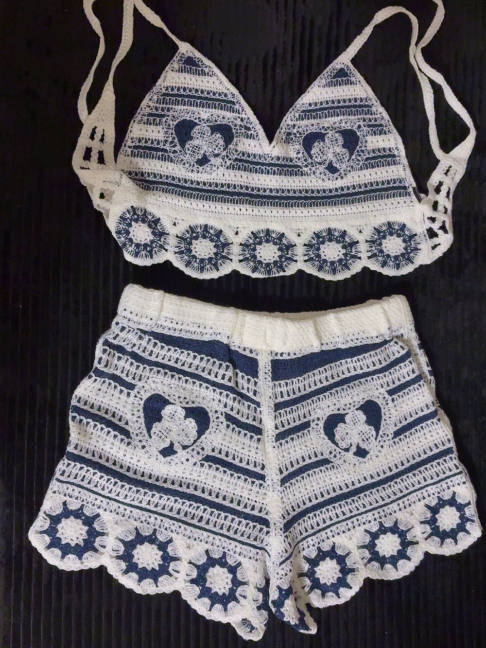 SHEIN White & Navy Crochet Two-Piece Swim Coverup Set